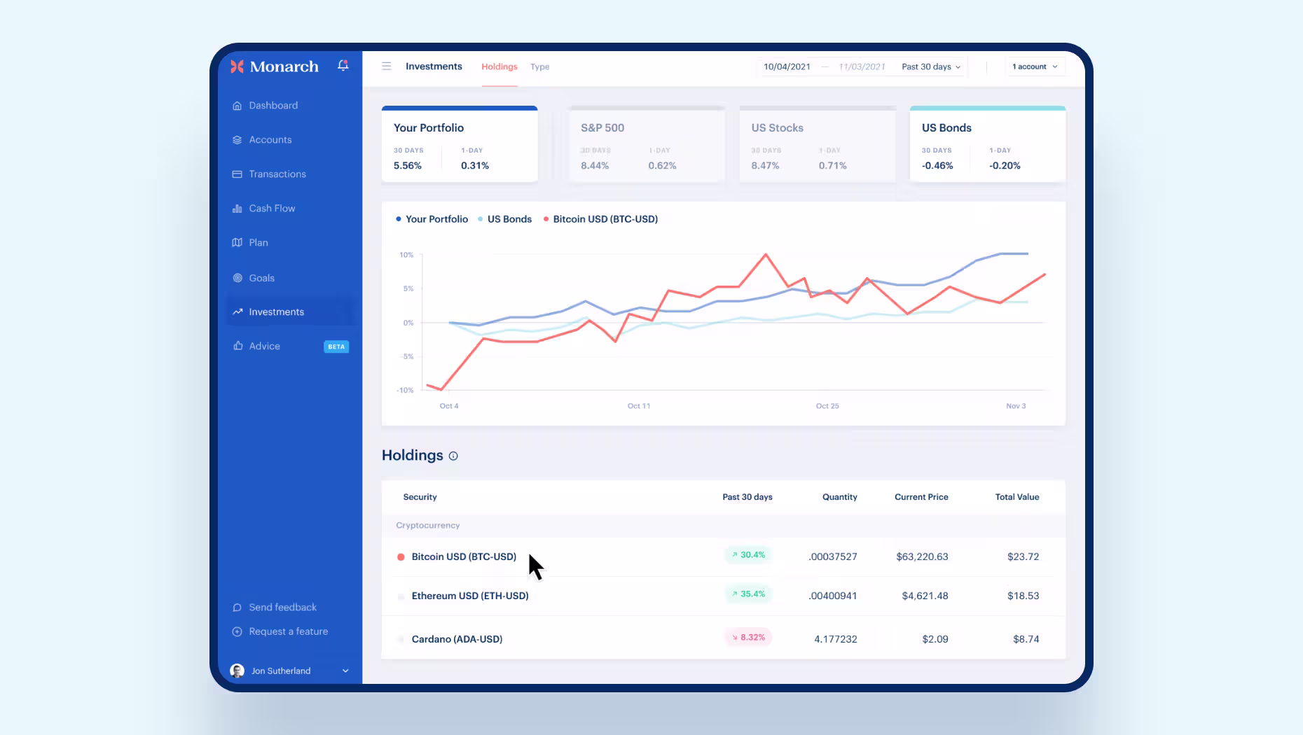 Monarch Coinbase support and account organization